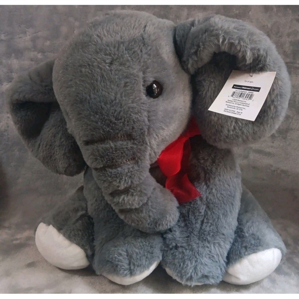 Elephant Plush Stuffed Animal 14.5" Grey White Large Ears Red Bow Jungle‎